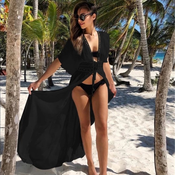 Black Maxi Kimono CoverUp Linen Cotton Lace - Picture 2 of 14